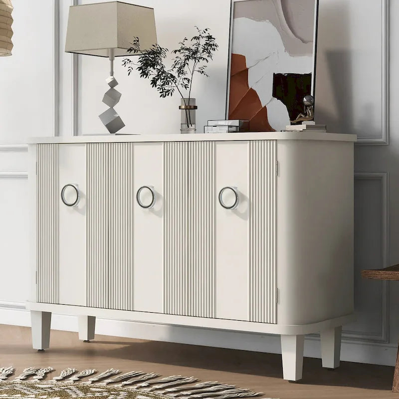 White 3-Door Sideboard Cabinet Fluted Panel Round Ring Handles Wood Legs