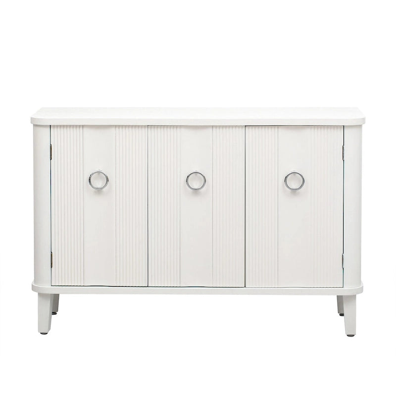 White 3-Door Sideboard Cabinet Fluted Panel Round Ring Handles Wood Legs