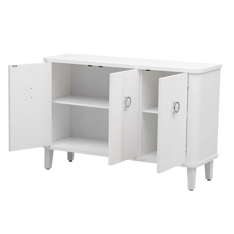 White 3-Door Sideboard Cabinet Fluted Panel Round Ring Handles Wood Legs