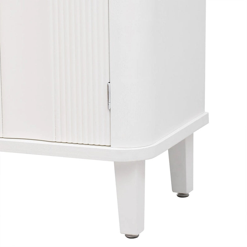 White 3-Door Sideboard Cabinet Fluted Panel Round Ring Handles Wood Legs
