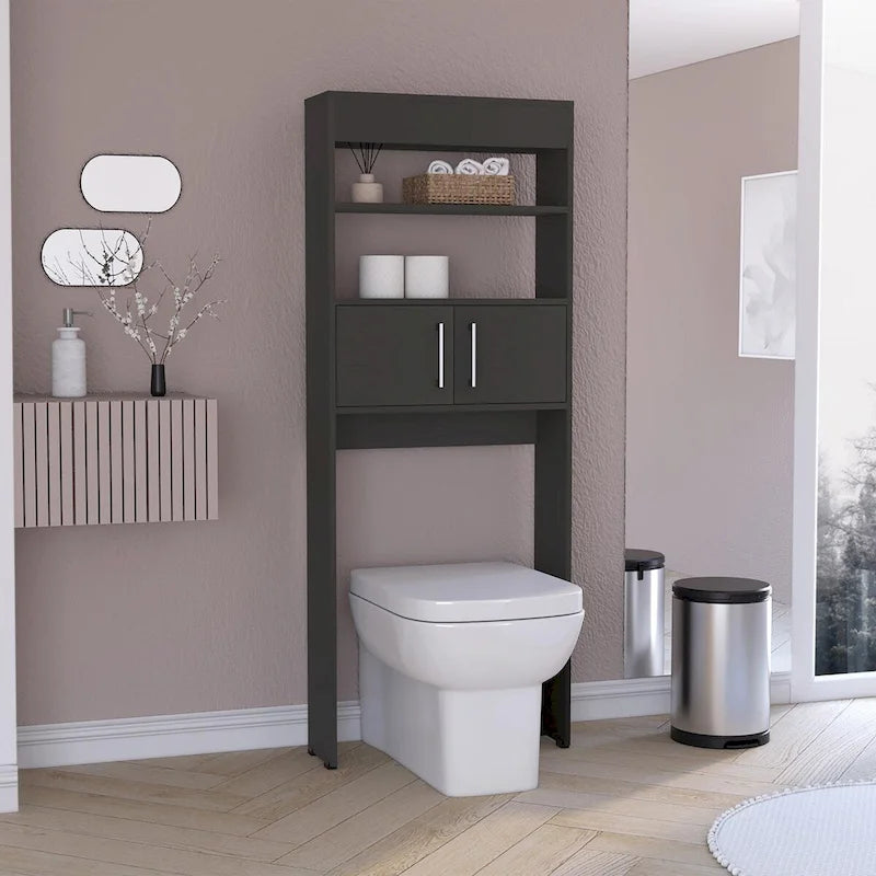 Black Matte Over-The-Toilet Storage Cabinet 2 Doors Open Shelves Bathroom