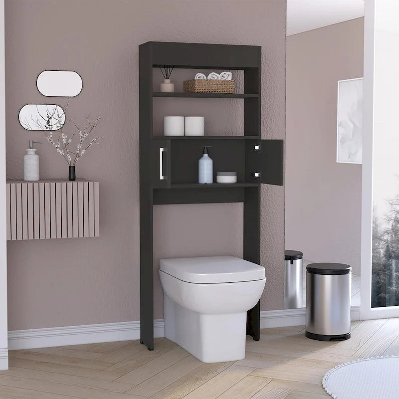 Black Matte Over-The-Toilet Storage Cabinet 2 Doors Open Shelves Bathroom