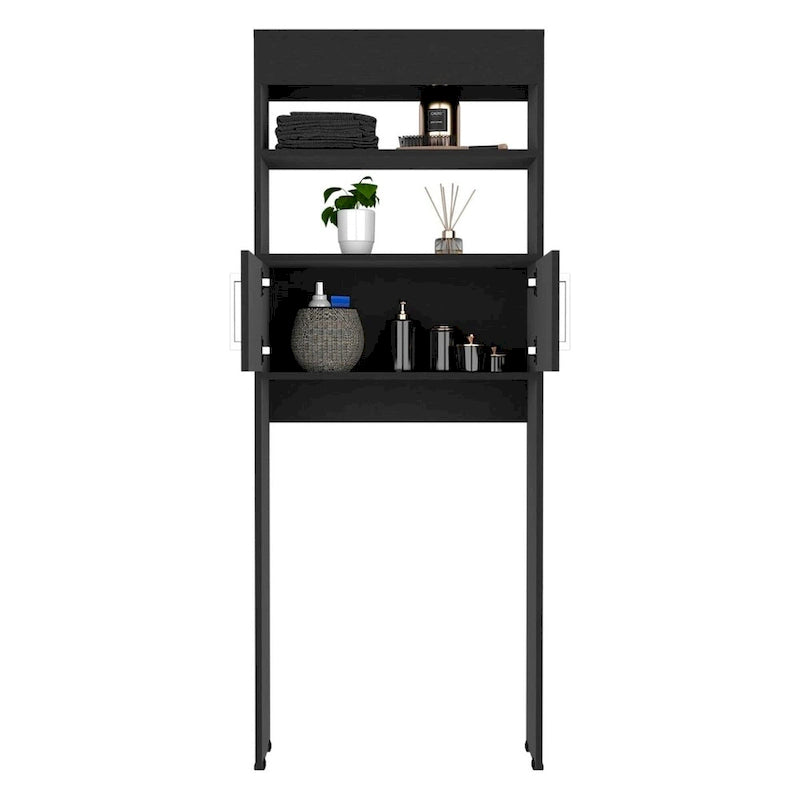 Black Matte Over-The-Toilet Storage Cabinet 2 Doors Open Shelves Bathroom