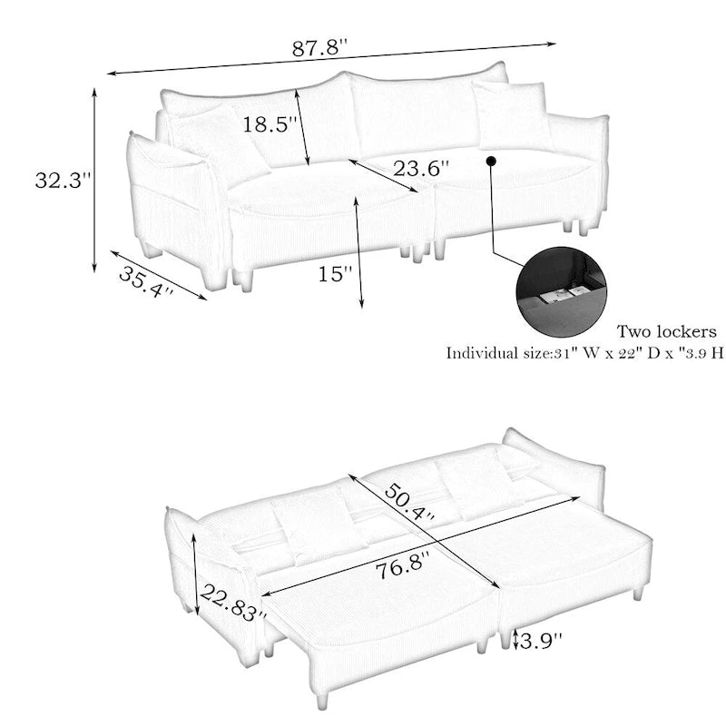 Corduroy Fabric Sofa with 2 Pillows and Legs