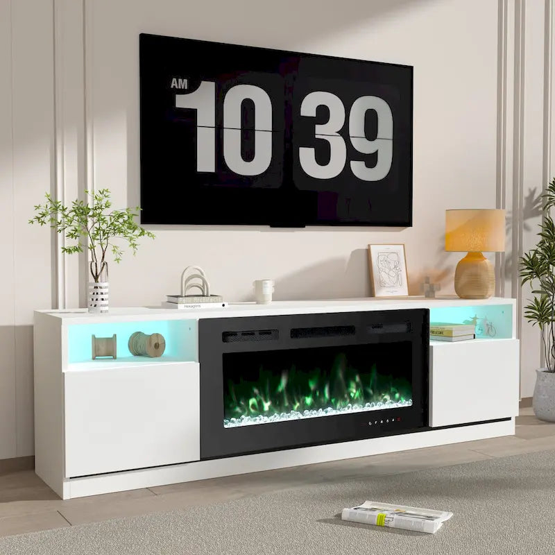 White Gloss TV Stand with Electric Fireplace RGB LED Shelves Living Room