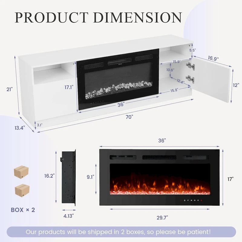 White Gloss TV Stand with Electric Fireplace RGB LED Shelves Living Room
