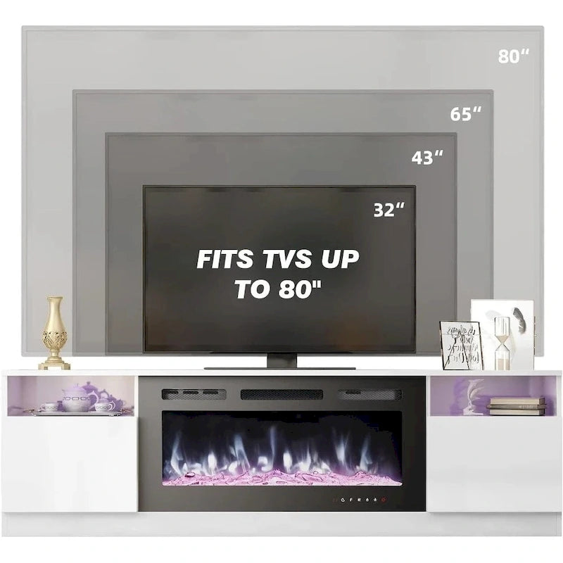 White Gloss TV Stand with Electric Fireplace RGB LED Shelves Living Room