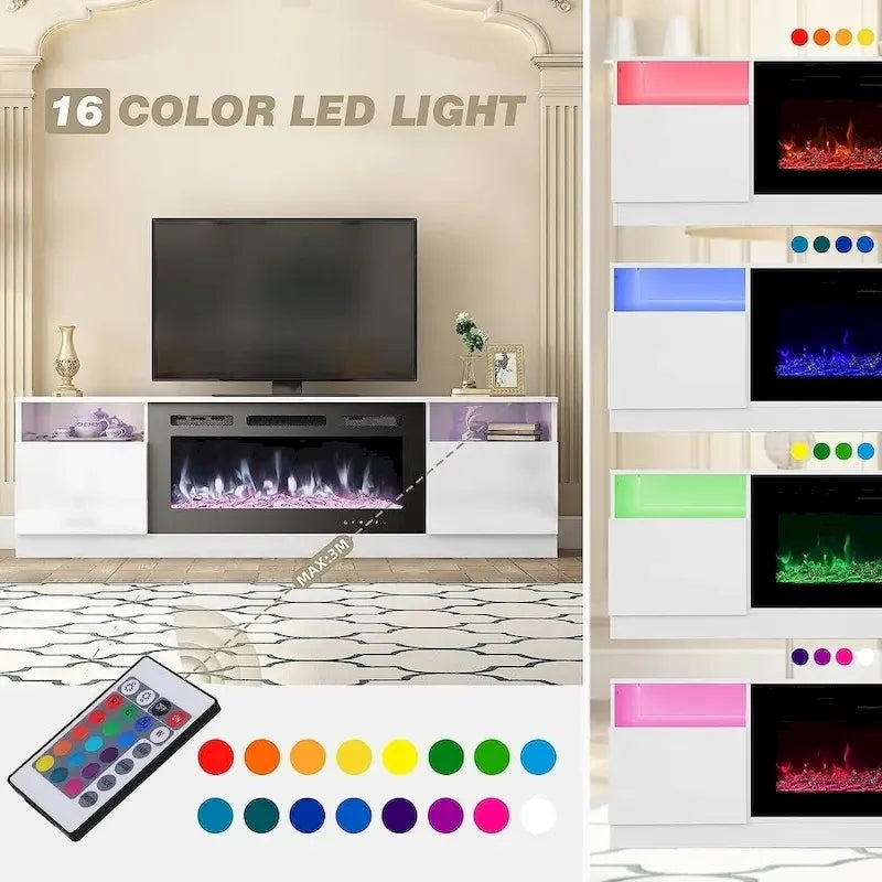 White Gloss TV Stand with Electric Fireplace RGB LED Shelves Living Room