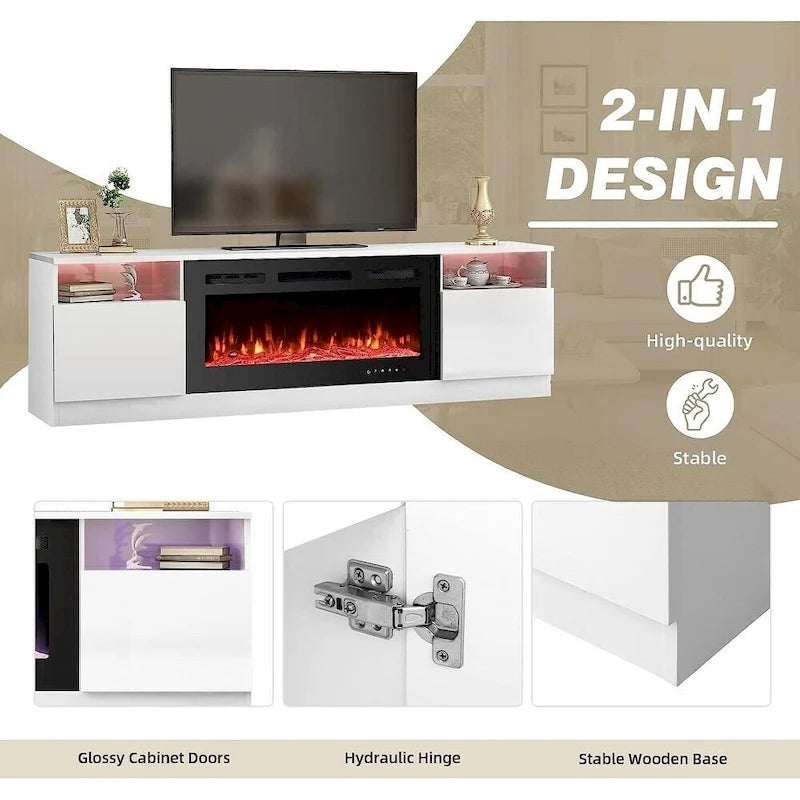 White Gloss TV Stand with Electric Fireplace RGB LED Shelves Living Room