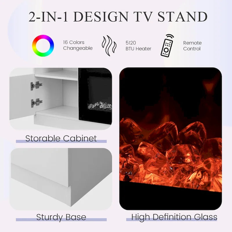 White Gloss TV Stand with Electric Fireplace RGB LED Shelves Living Room