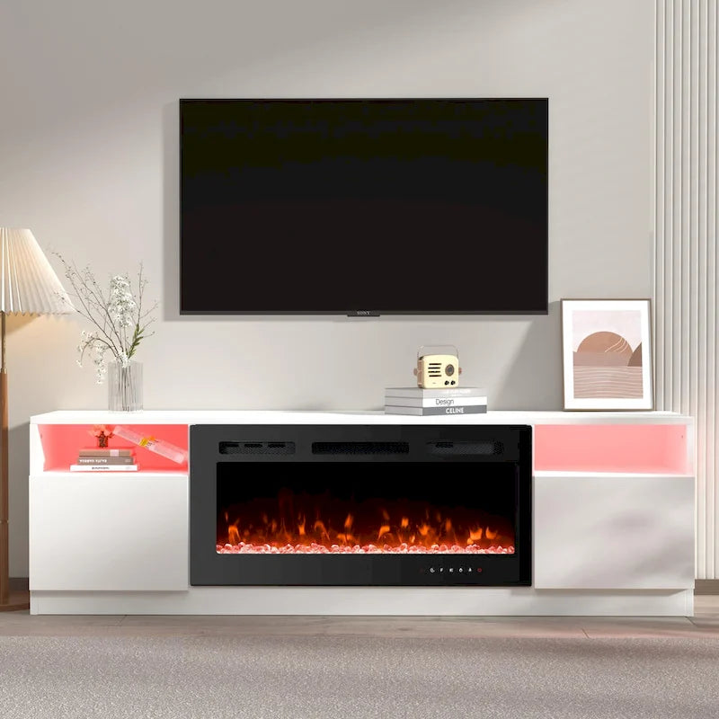 White Gloss TV Stand with Electric Fireplace RGB LED Shelves Living Room
