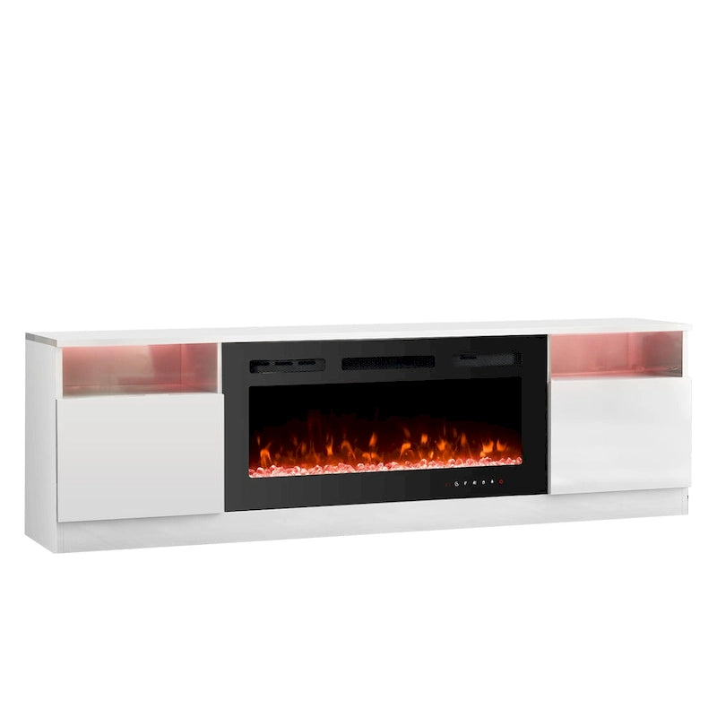 White Gloss TV Stand with Electric Fireplace RGB LED Shelves Living Room